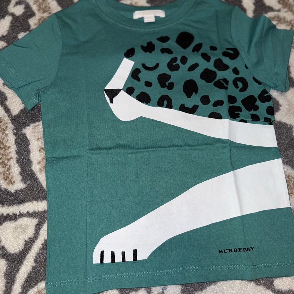Burberry Kids Teal T-Shirt with Leopard Graphic